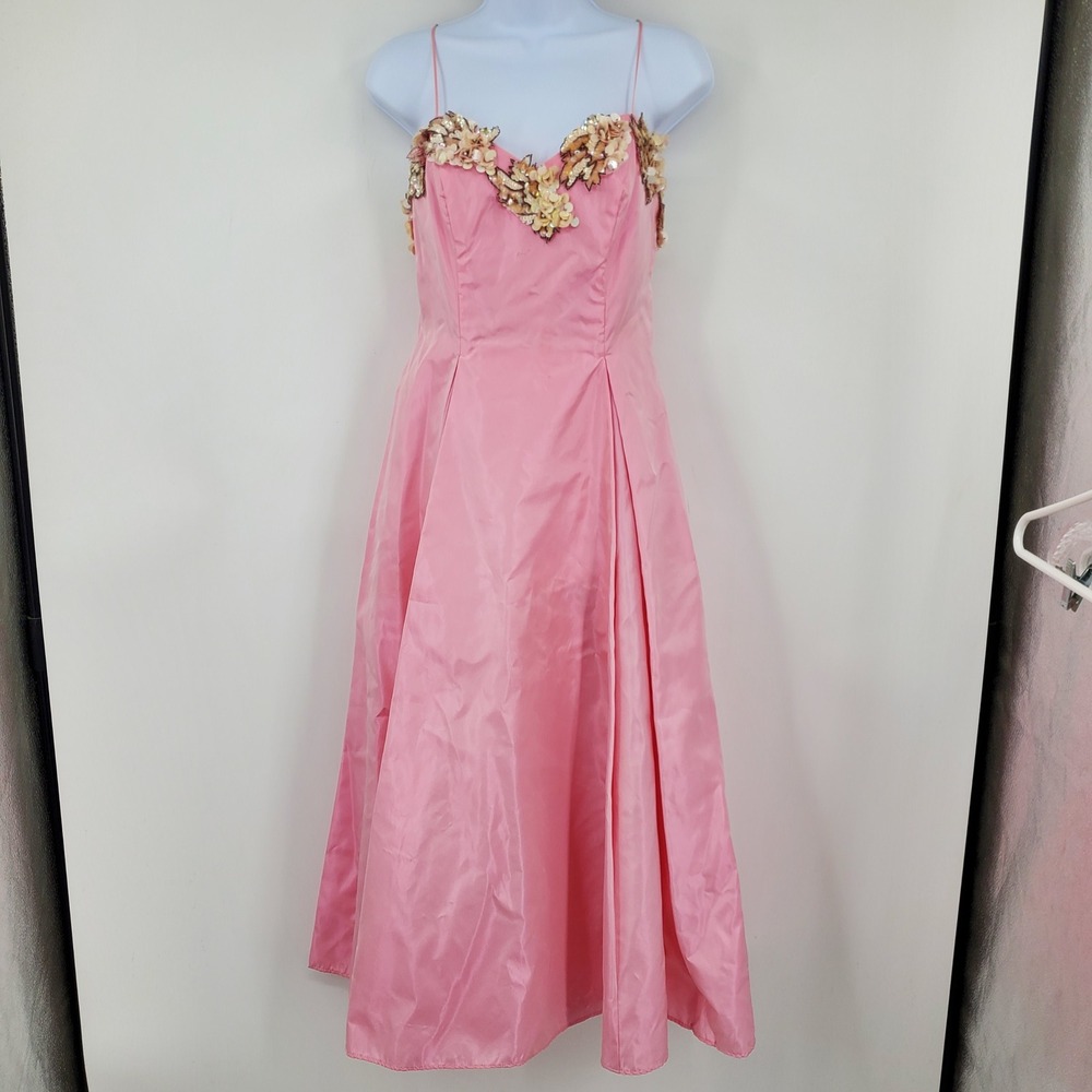 Vintage Cache‎ Y2K Pink Sequin Floral A-Line Gown Dress 4 Formal Prom Fairycore